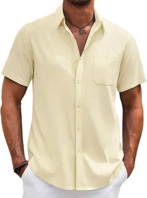 COOFANDY Men's Cotton Linen Shirts Short Sleeve Casual Shirts Summer Button Down Shirt Linen Beach Vacation Shirt