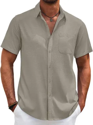 COOFANDY Men's Cotton Linen Shirts Short Sleeve Casual Shirts Summer Button Down Shirt Linen Beach Vacation Shirt