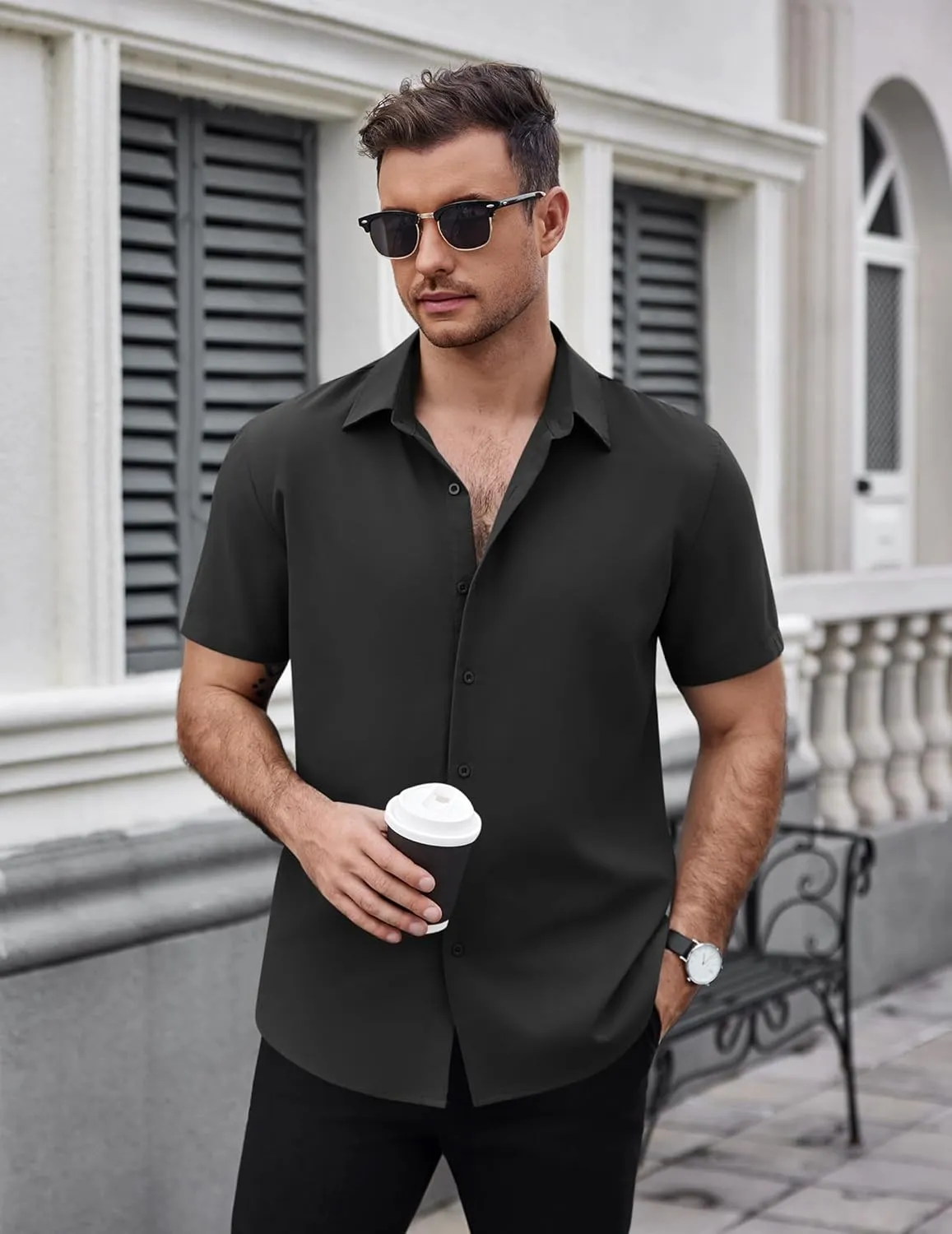 COOFANDY Men's Dress Shirts Stain Shield Short Sleeve Button Down Shirts Summer Wrinkle Free Business Casual Shirt