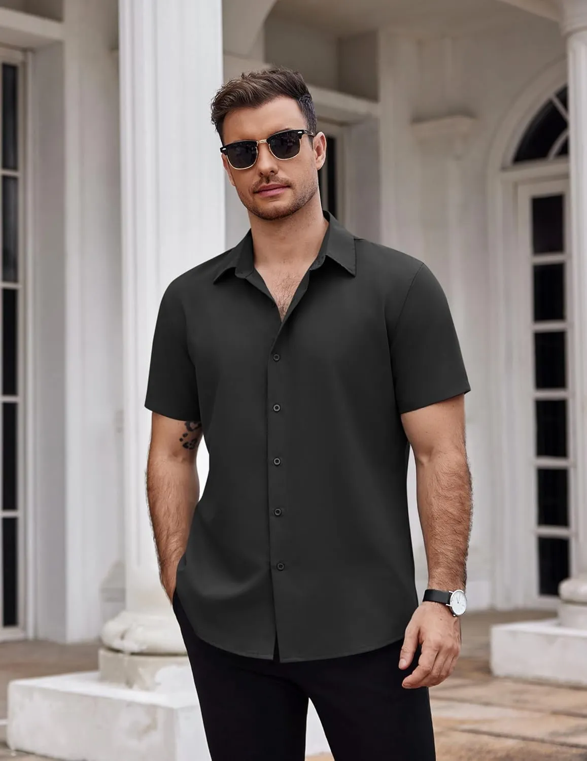 COOFANDY Men's Dress Shirts Stain Shield Short Sleeve Button Down Shirts Summer Wrinkle Free Business Casual Shirt