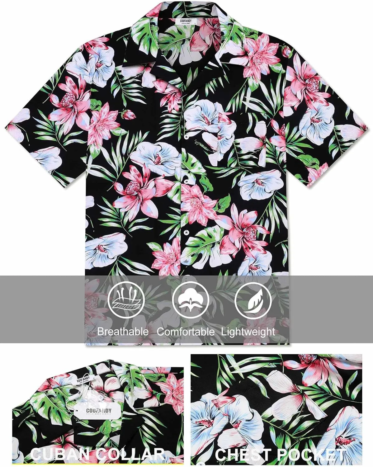 COOFANDY Mens Hawaiian Shirt Short Sleeve Floral Button Down Shirts Tropical Summer Beach Shirts Camp Collar Shirt