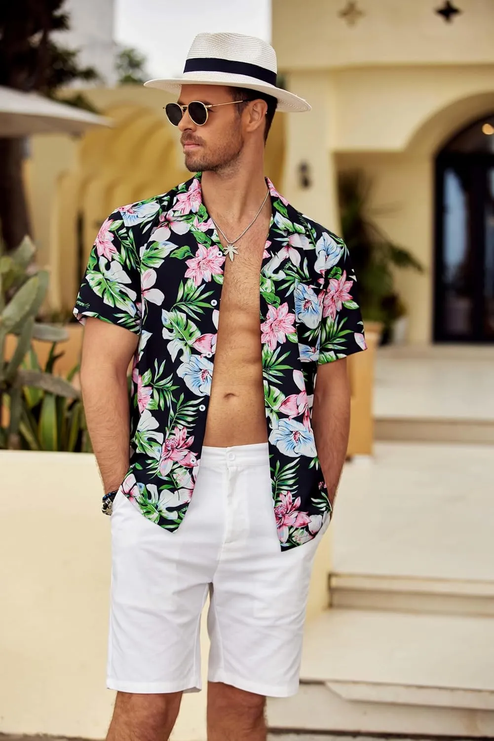 COOFANDY Mens Hawaiian Shirt Short Sleeve Floral Button Down Shirts Tropical Summer Beach Shirts Camp Collar Shirt
