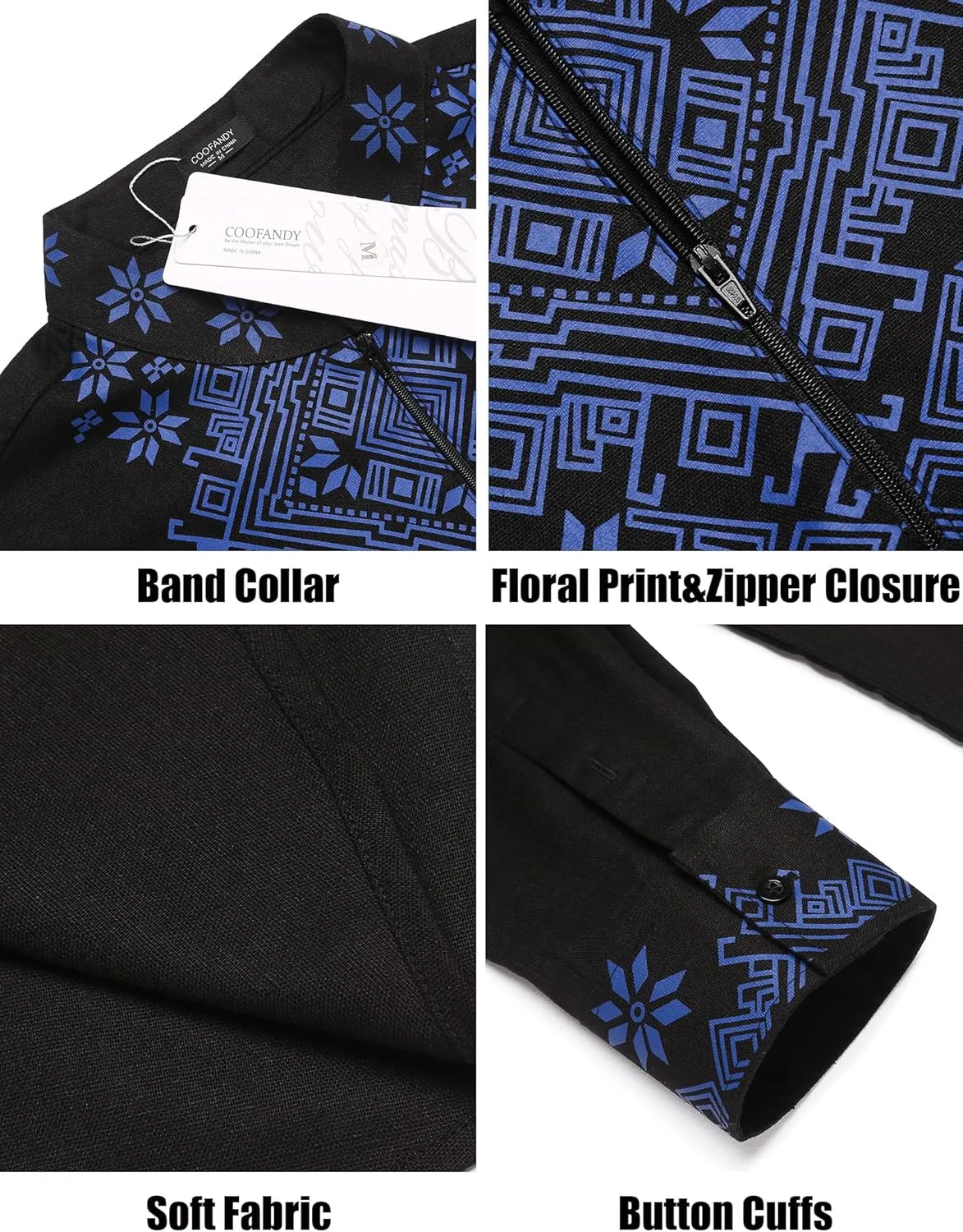 COOFANDY Men's Henley Shirt Vyshyvanka Long Sleeve African Print Shirts Casual Zip Up Cotton Linen Beach Hippie Shirt