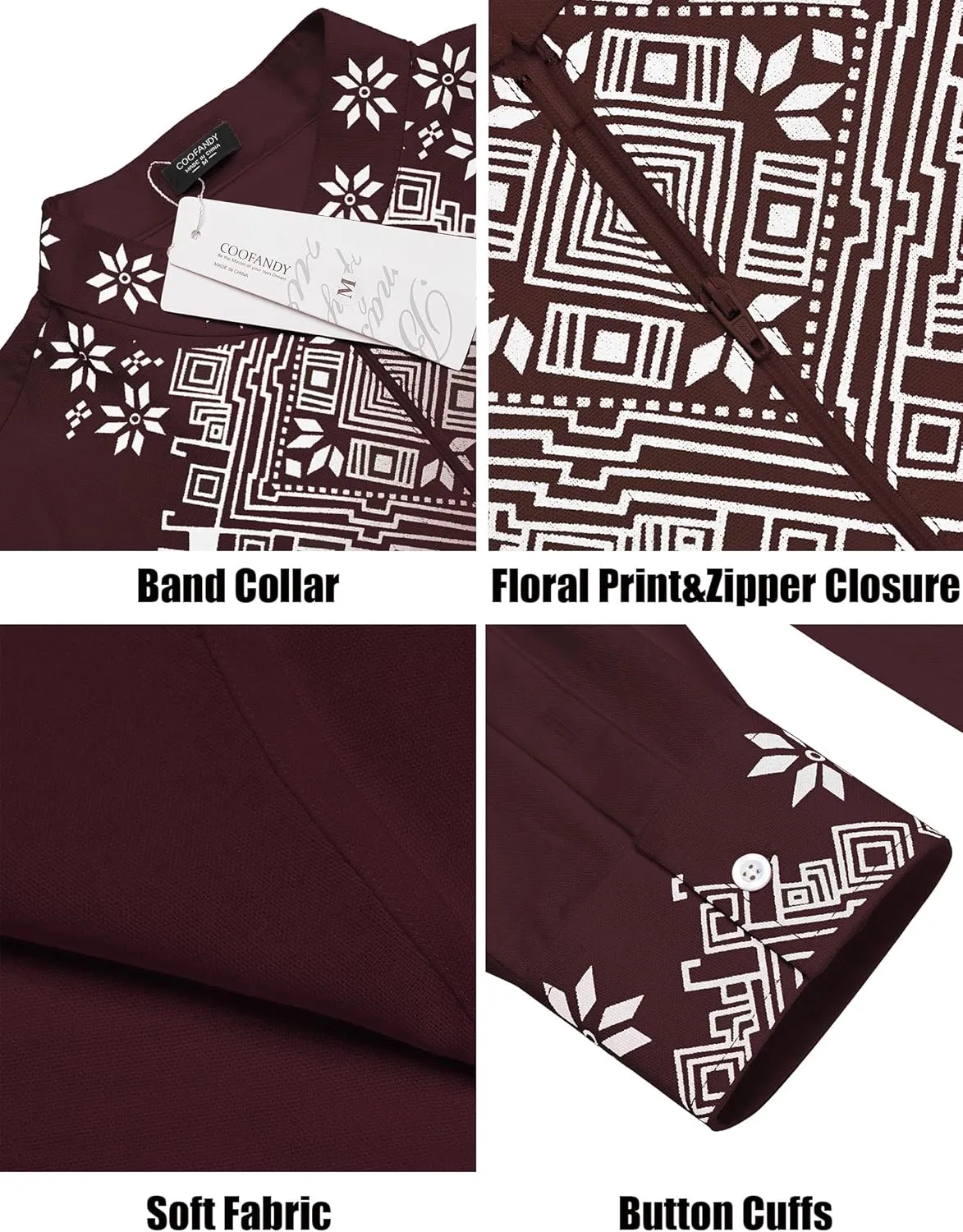 COOFANDY Men's Henley Shirt Vyshyvanka Long Sleeve African Print Shirts Casual Zip Up Cotton Linen Beach Hippie Shirt