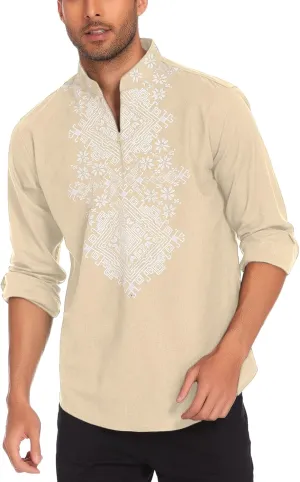 COOFANDY Men's Henley Shirt Vyshyvanka Long Sleeve African Print Shirts Casual Zip Up Cotton Linen Beach Hippie Shirt