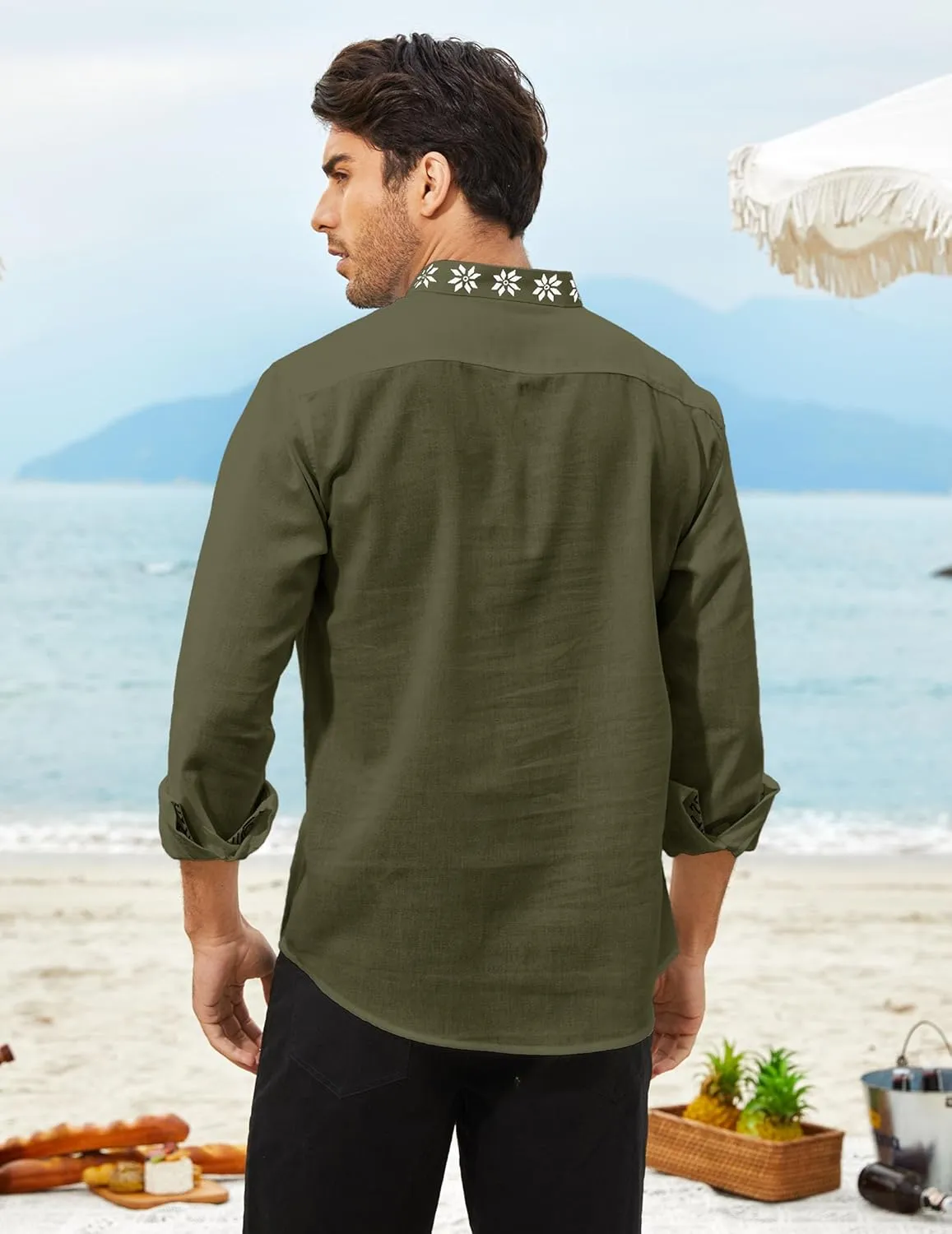 COOFANDY Men's Henley Shirt Vyshyvanka Long Sleeve African Print Shirts Casual Zip Up Cotton Linen Beach Hippie Shirt