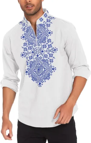 COOFANDY Men's Henley Shirt Vyshyvanka Long Sleeve African Print Shirts Casual Zip Up Cotton Linen Beach Hippie Shirt
