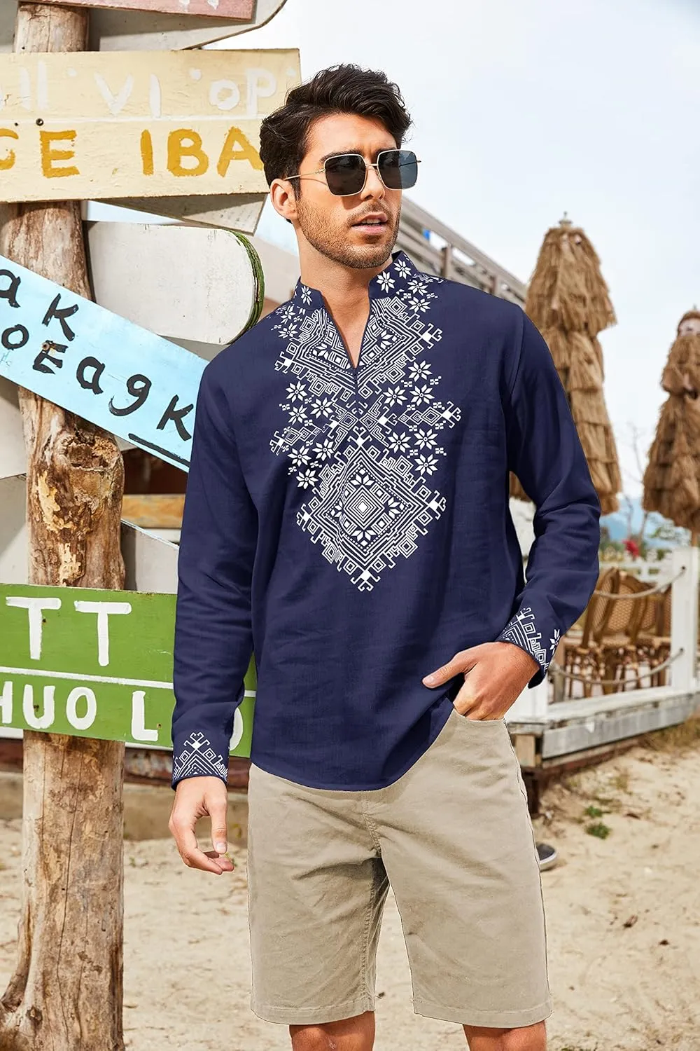 COOFANDY Men's Henley Shirt Vyshyvanka Long Sleeve African Print Shirts Casual Zip Up Cotton Linen Beach Hippie Shirt