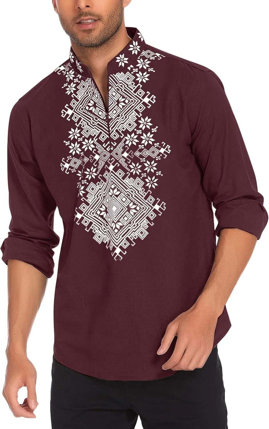 COOFANDY Men's Henley Shirt Vyshyvanka Long Sleeve African Print Shirts Casual Zip Up Cotton Linen Beach Hippie Shirt
