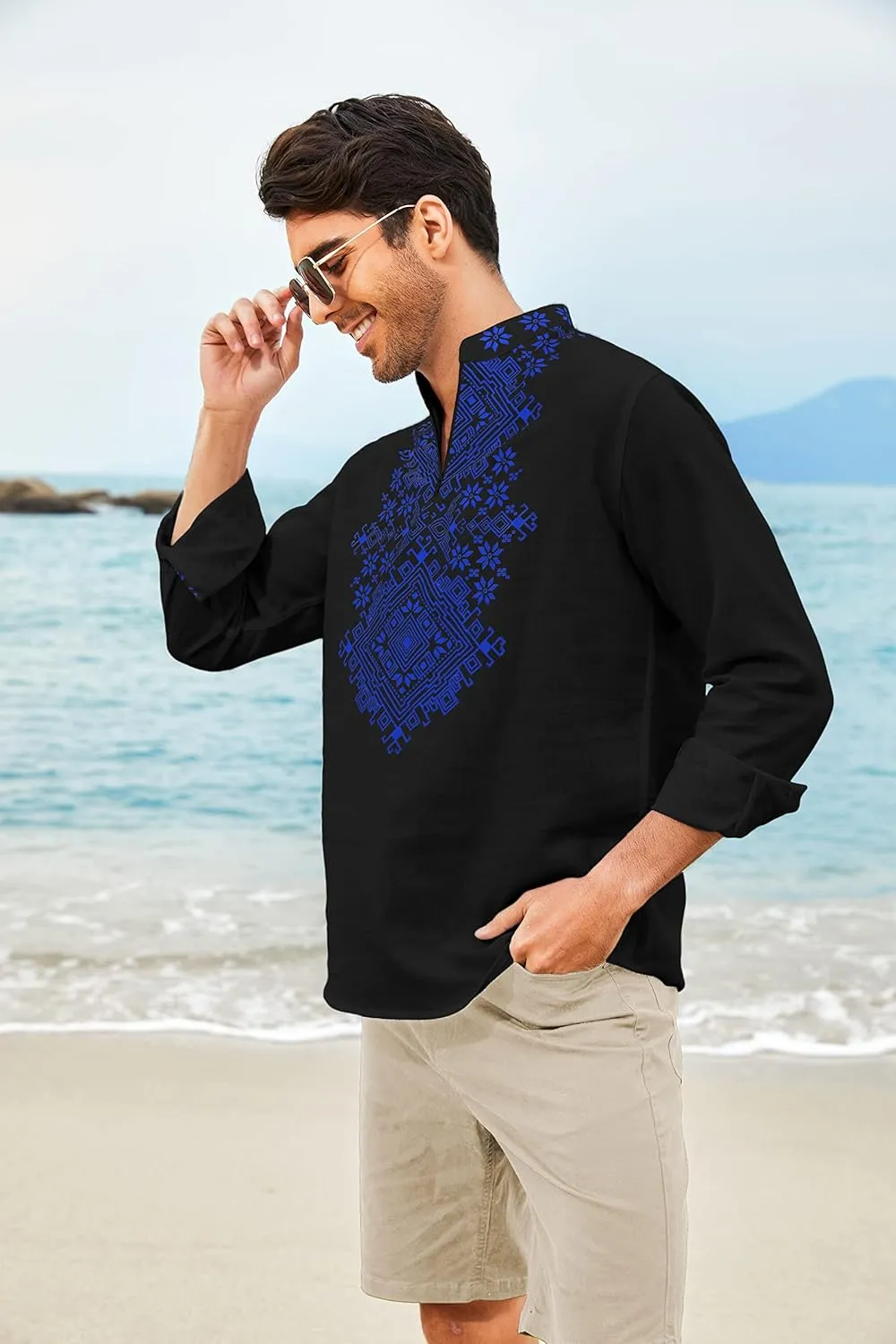 COOFANDY Men's Henley Shirt Vyshyvanka Long Sleeve African Print Shirts Casual Zip Up Cotton Linen Beach Hippie Shirt