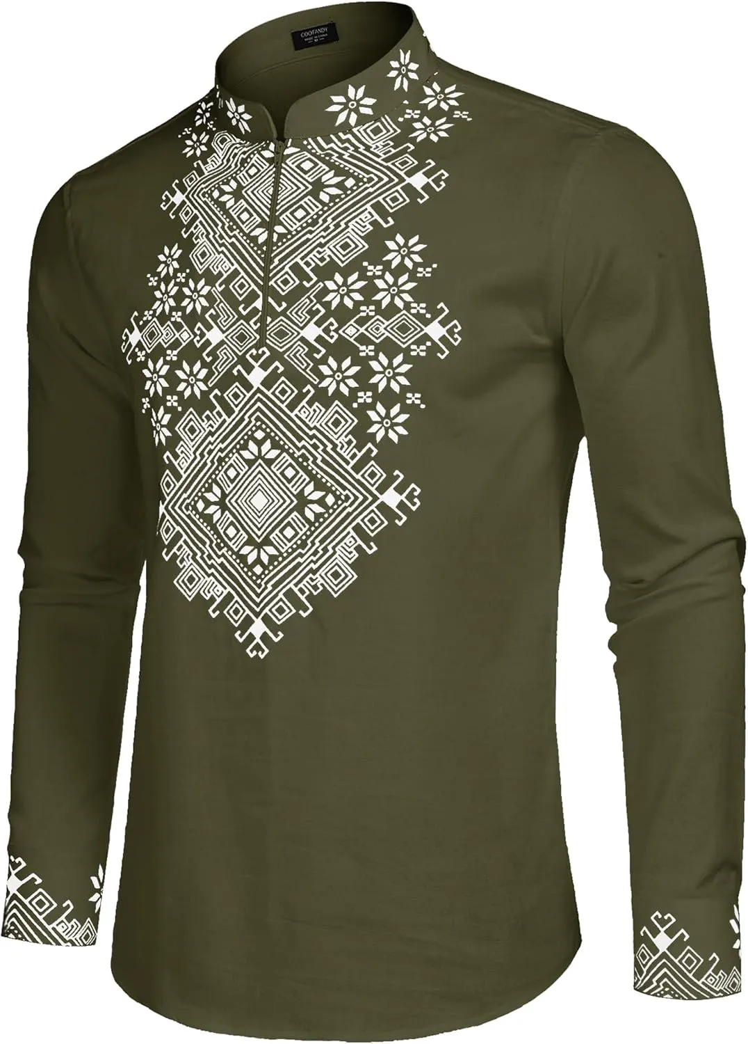 COOFANDY Men's Henley Shirt Vyshyvanka Long Sleeve African Print Shirts Casual Zip Up Cotton Linen Beach Hippie Shirt