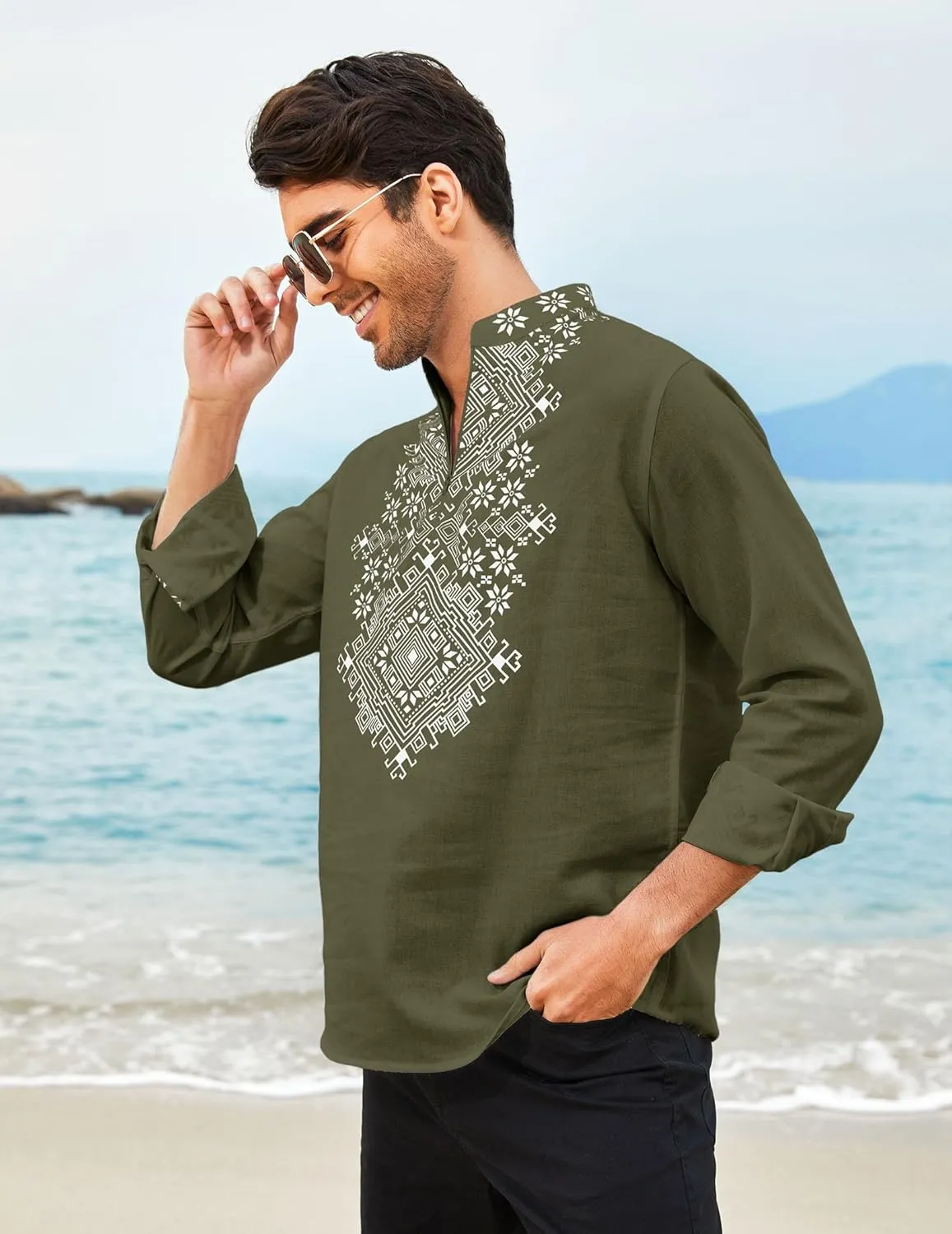 COOFANDY Men's Henley Shirt Vyshyvanka Long Sleeve African Print Shirts Casual Zip Up Cotton Linen Beach Hippie Shirt