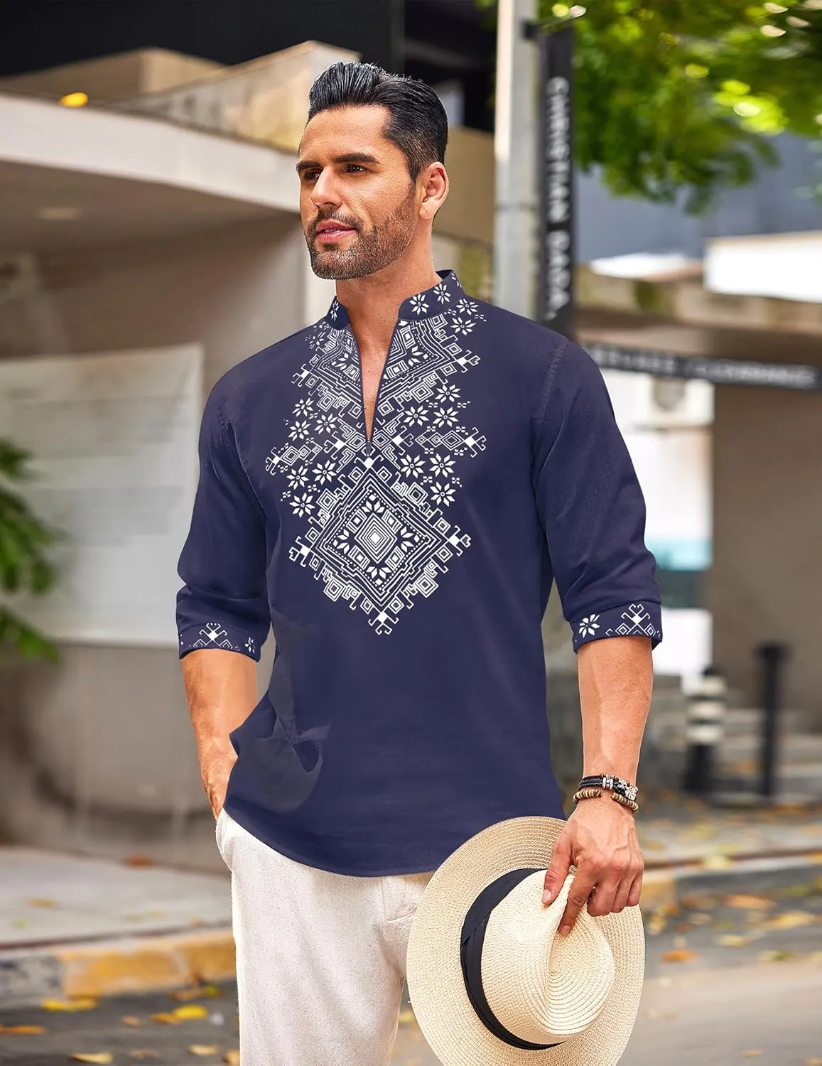 COOFANDY Men's Henley Shirt Vyshyvanka Long Sleeve African Print Shirts Casual Zip Up Cotton Linen Beach Hippie Shirt