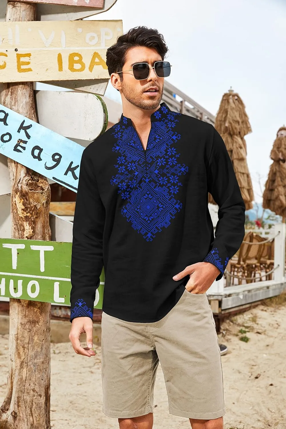 COOFANDY Men's Henley Shirt Vyshyvanka Long Sleeve African Print Shirts Casual Zip Up Cotton Linen Beach Hippie Shirt