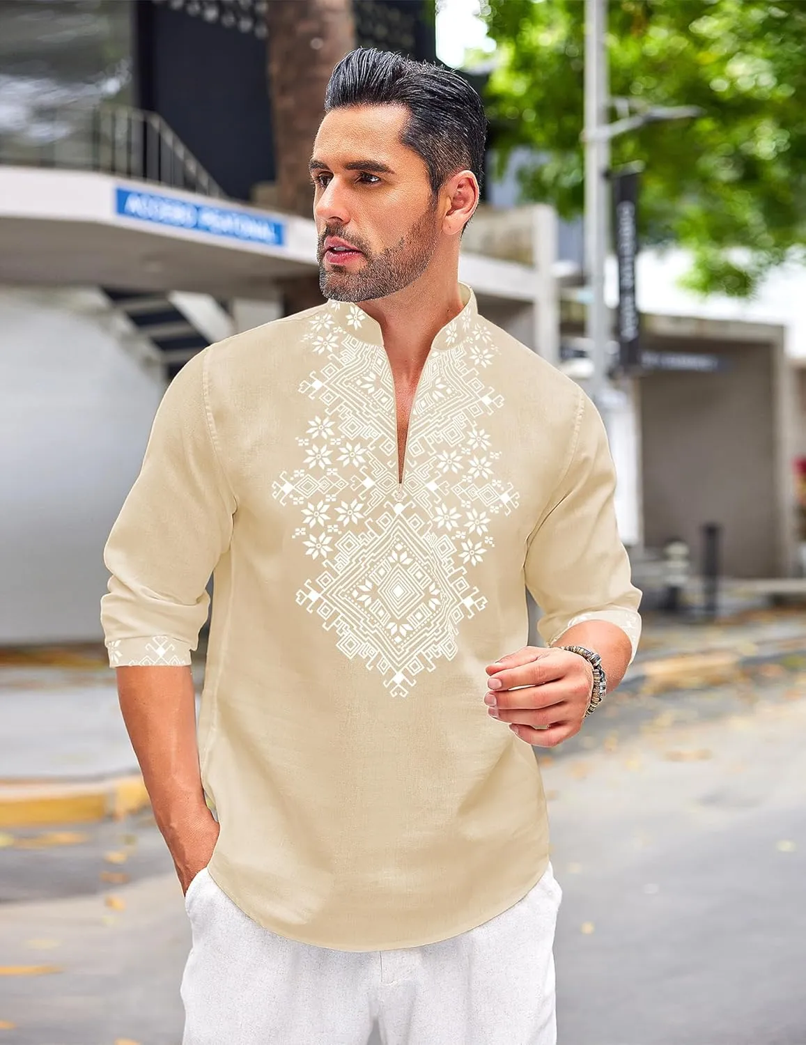 COOFANDY Men's Henley Shirt Vyshyvanka Long Sleeve African Print Shirts Casual Zip Up Cotton Linen Beach Hippie Shirt