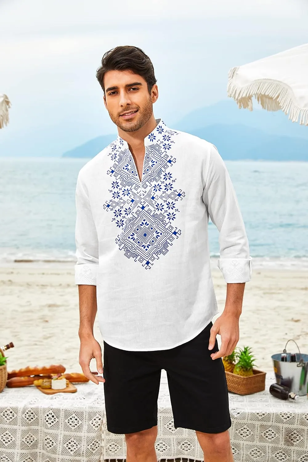 COOFANDY Men's Henley Shirt Vyshyvanka Long Sleeve African Print Shirts Casual Zip Up Cotton Linen Beach Hippie Shirt