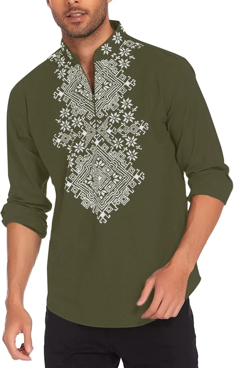 COOFANDY Men's Henley Shirt Vyshyvanka Long Sleeve African Print Shirts Casual Zip Up Cotton Linen Beach Hippie Shirt