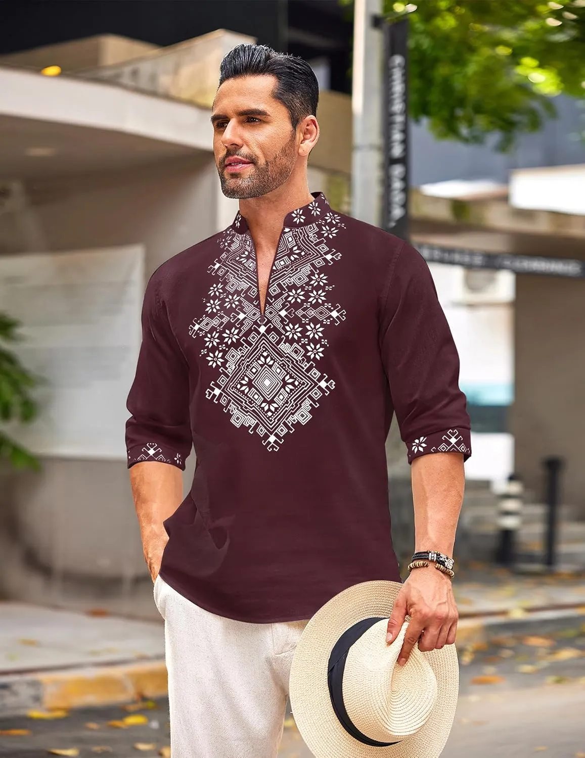 COOFANDY Men's Henley Shirt Vyshyvanka Long Sleeve African Print Shirts Casual Zip Up Cotton Linen Beach Hippie Shirt