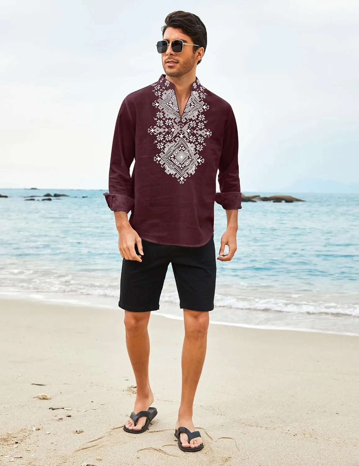 COOFANDY Men's Henley Shirt Vyshyvanka Long Sleeve African Print Shirts Casual Zip Up Cotton Linen Beach Hippie Shirt