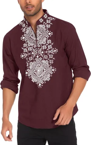 COOFANDY Men's Henley Shirt Vyshyvanka Long Sleeve African Print Shirts Casual Zip Up Cotton Linen Beach Hippie Shirt