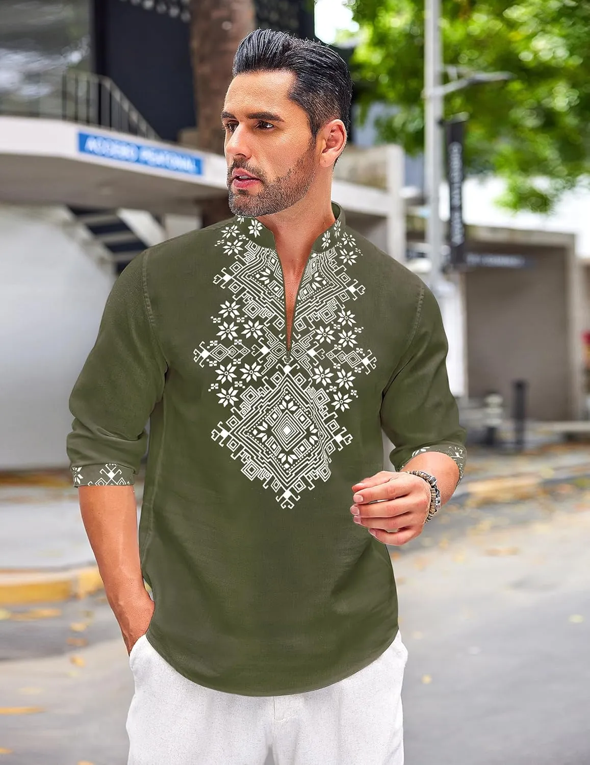 COOFANDY Men's Henley Shirt Vyshyvanka Long Sleeve African Print Shirts Casual Zip Up Cotton Linen Beach Hippie Shirt