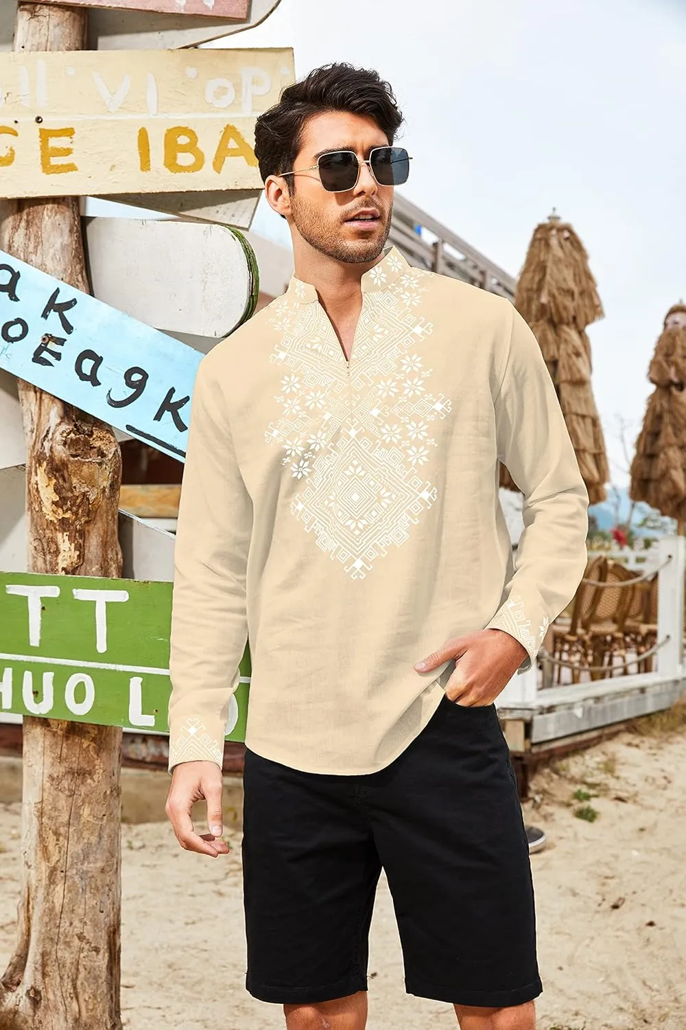 COOFANDY Men's Henley Shirt Vyshyvanka Long Sleeve African Print Shirts Casual Zip Up Cotton Linen Beach Hippie Shirt