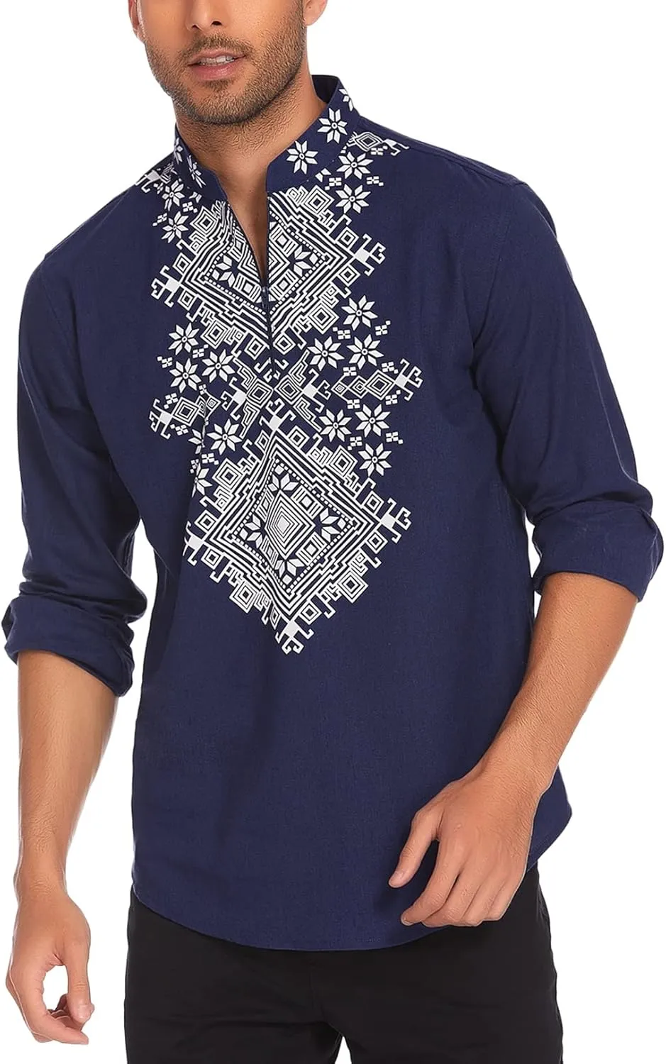 COOFANDY Men's Henley Shirt Vyshyvanka Long Sleeve African Print Shirts Casual Zip Up Cotton Linen Beach Hippie Shirt