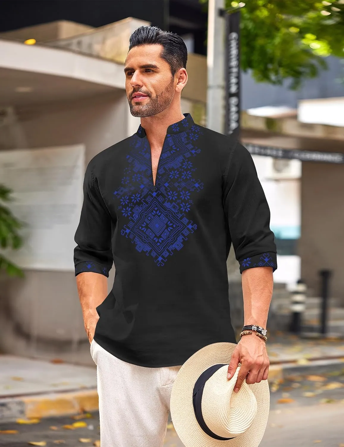 COOFANDY Men's Henley Shirt Vyshyvanka Long Sleeve African Print Shirts Casual Zip Up Cotton Linen Beach Hippie Shirt