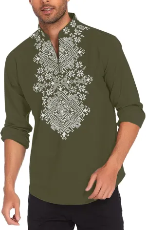 COOFANDY Men's Henley Shirt Vyshyvanka Long Sleeve African Print Shirts Casual Zip Up Cotton Linen Beach Hippie Shirt