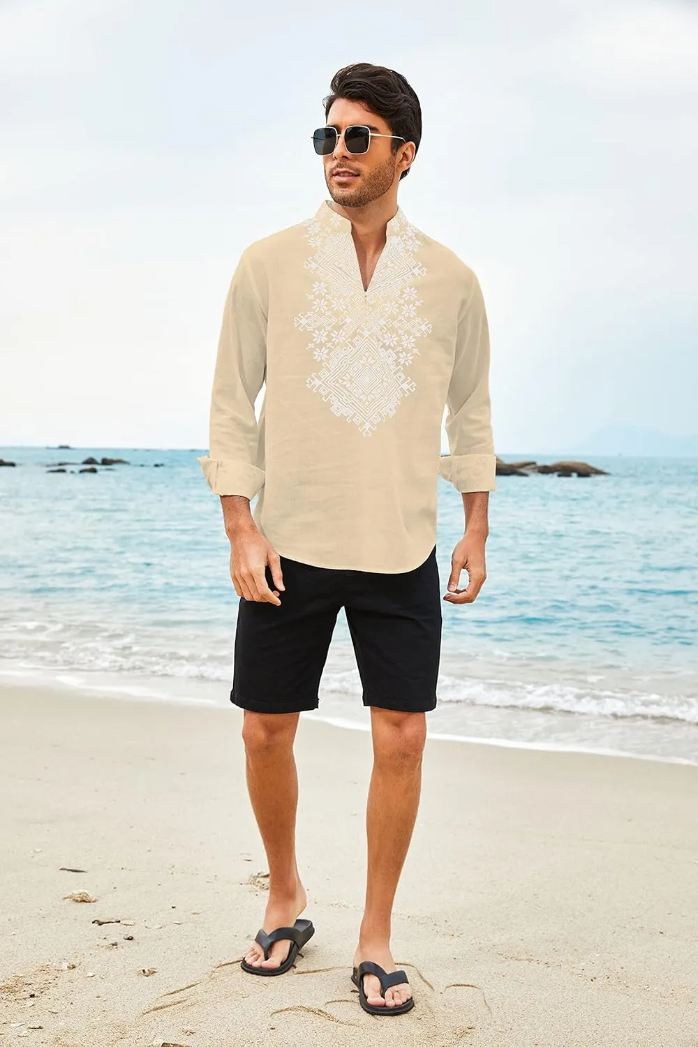COOFANDY Men's Henley Shirt Vyshyvanka Long Sleeve African Print Shirts Casual Zip Up Cotton Linen Beach Hippie Shirt