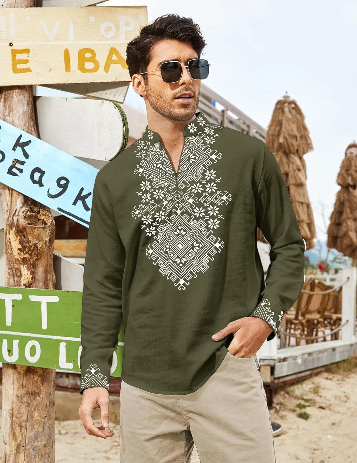 COOFANDY Men's Henley Shirt Vyshyvanka Long Sleeve African Print Shirts Casual Zip Up Cotton Linen Beach Hippie Shirt