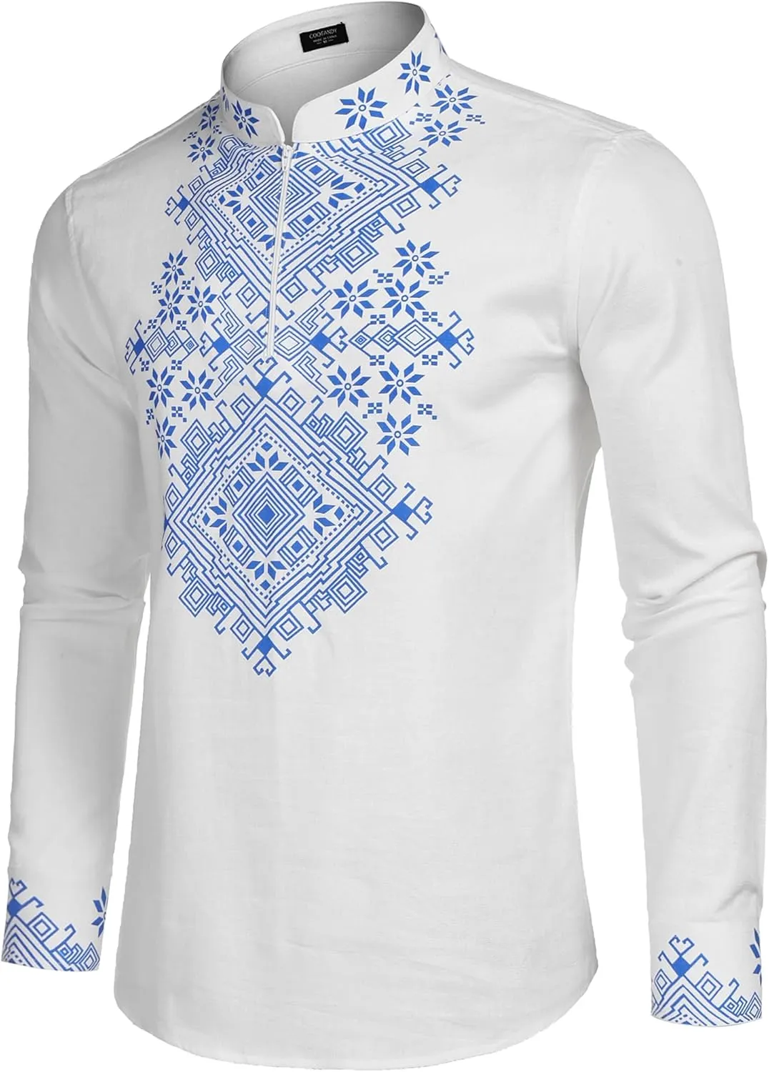 COOFANDY Men's Henley Shirt Vyshyvanka Long Sleeve African Print Shirts Casual Zip Up Cotton Linen Beach Hippie Shirt