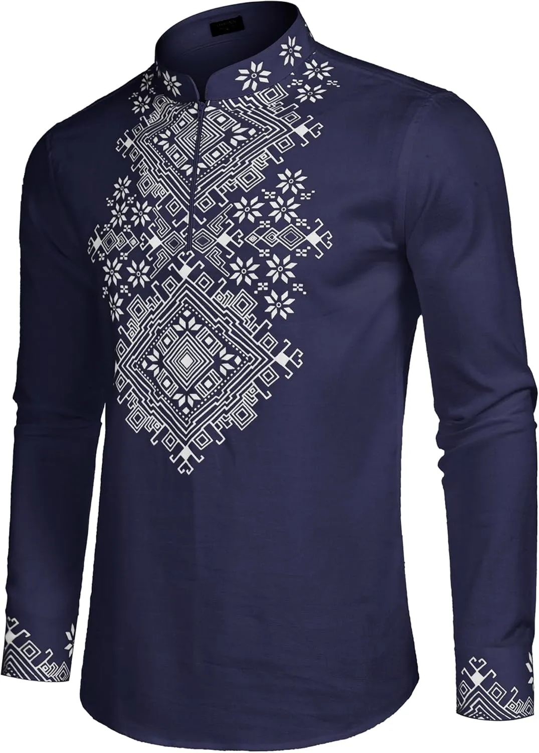 COOFANDY Men's Henley Shirt Vyshyvanka Long Sleeve African Print Shirts Casual Zip Up Cotton Linen Beach Hippie Shirt