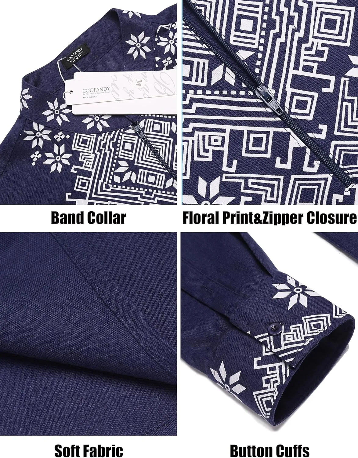 COOFANDY Men's Henley Shirt Vyshyvanka Long Sleeve African Print Shirts Casual Zip Up Cotton Linen Beach Hippie Shirt