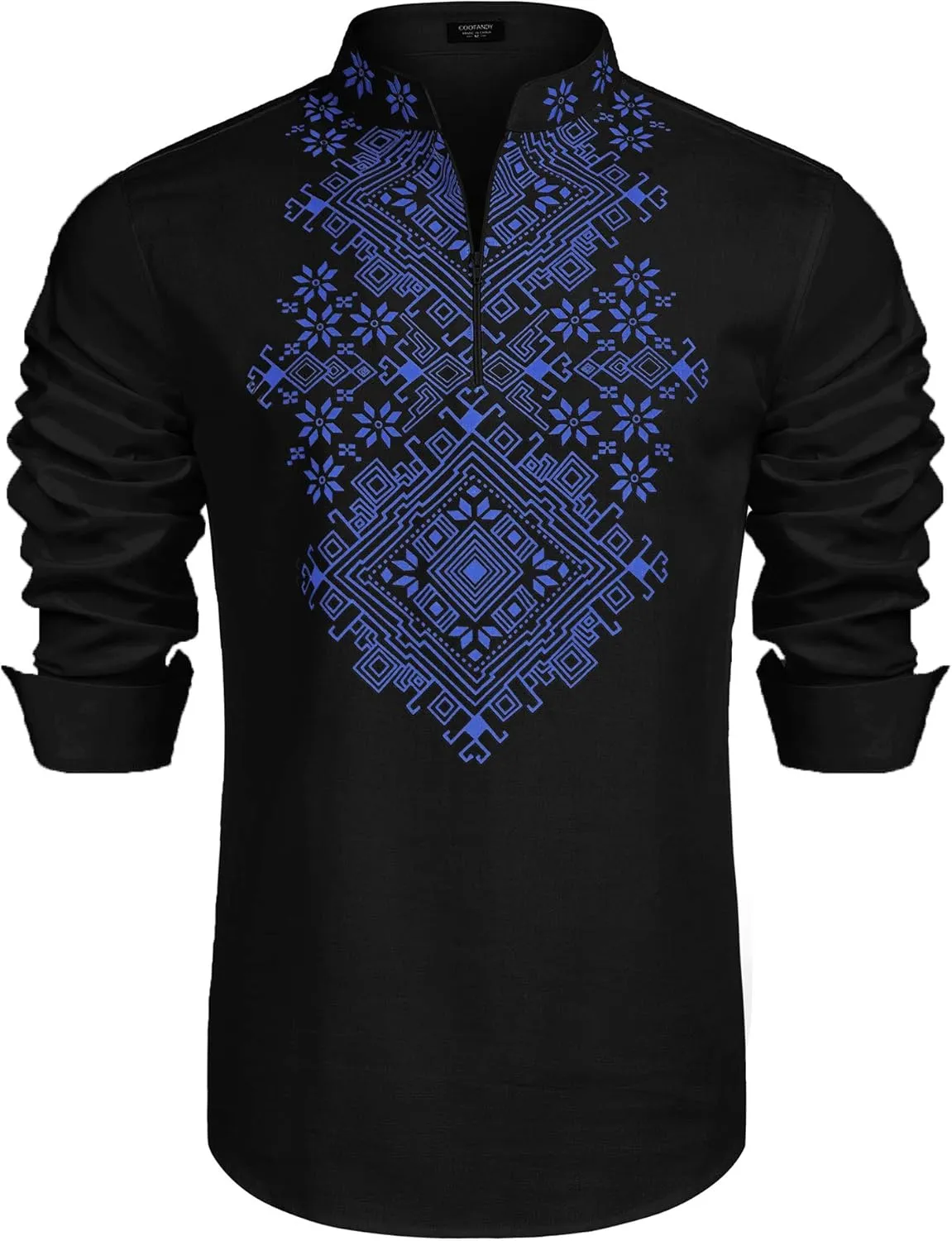 COOFANDY Men's Henley Shirt Vyshyvanka Long Sleeve African Print Shirts Casual Zip Up Cotton Linen Beach Hippie Shirt