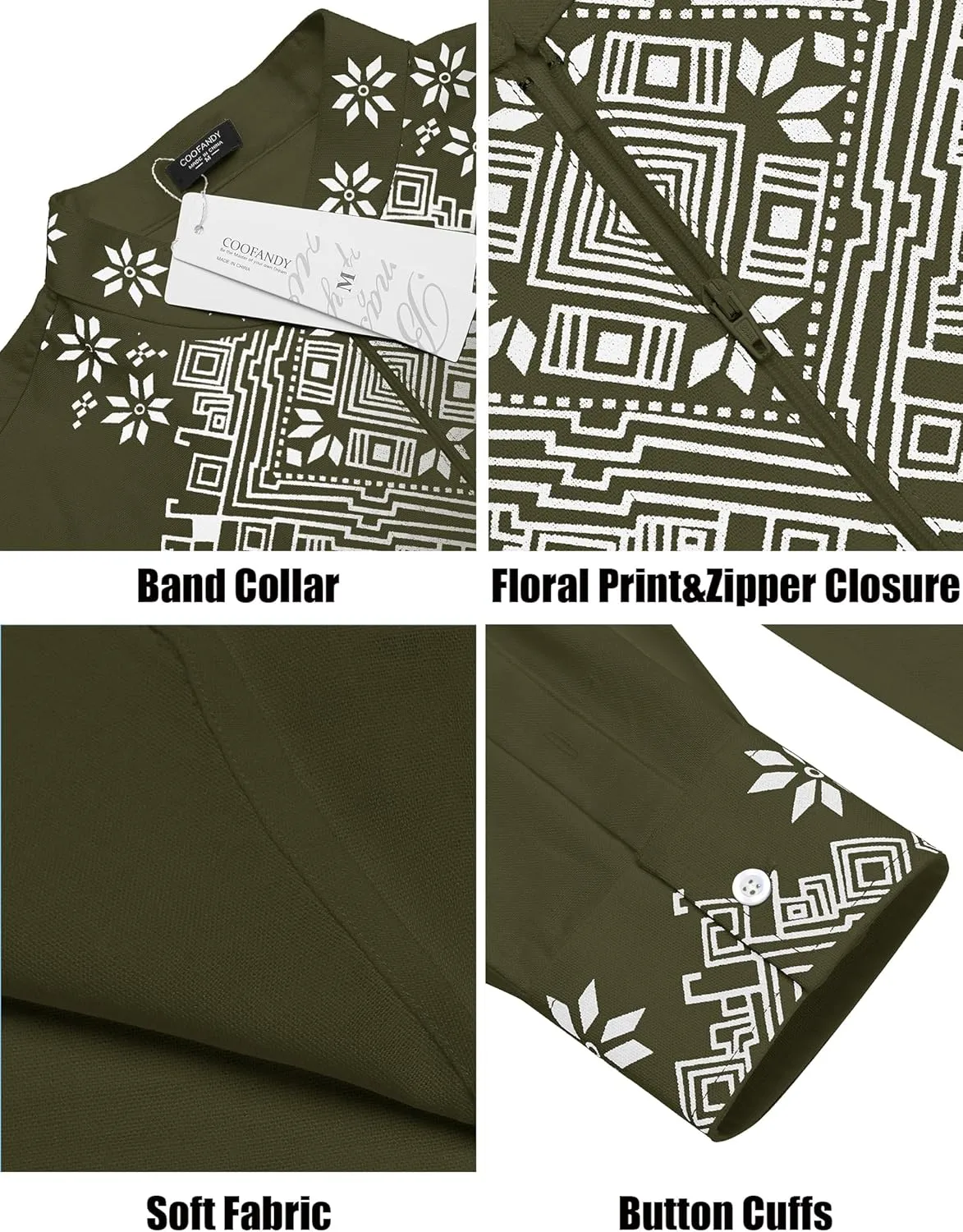 COOFANDY Men's Henley Shirt Vyshyvanka Long Sleeve African Print Shirts Casual Zip Up Cotton Linen Beach Hippie Shirt