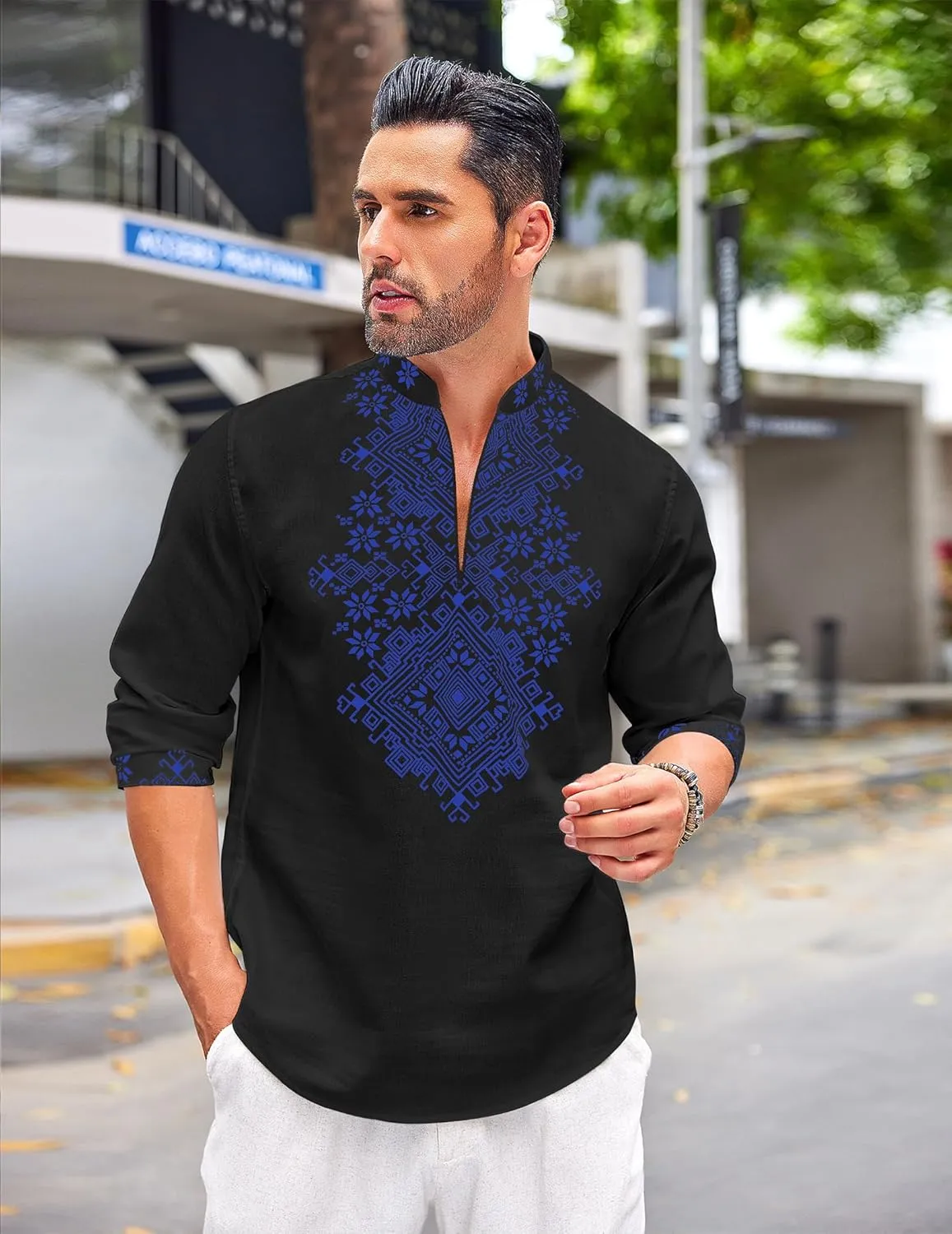 COOFANDY Men's Henley Shirt Vyshyvanka Long Sleeve African Print Shirts Casual Zip Up Cotton Linen Beach Hippie Shirt
