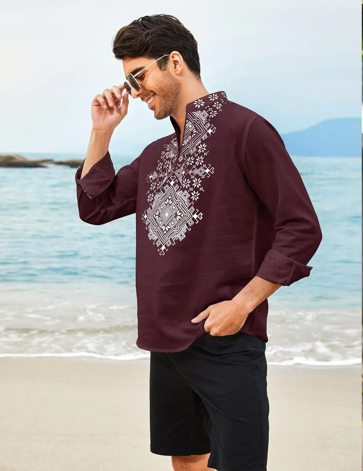 COOFANDY Men's Henley Shirt Vyshyvanka Long Sleeve African Print Shirts Casual Zip Up Cotton Linen Beach Hippie Shirt