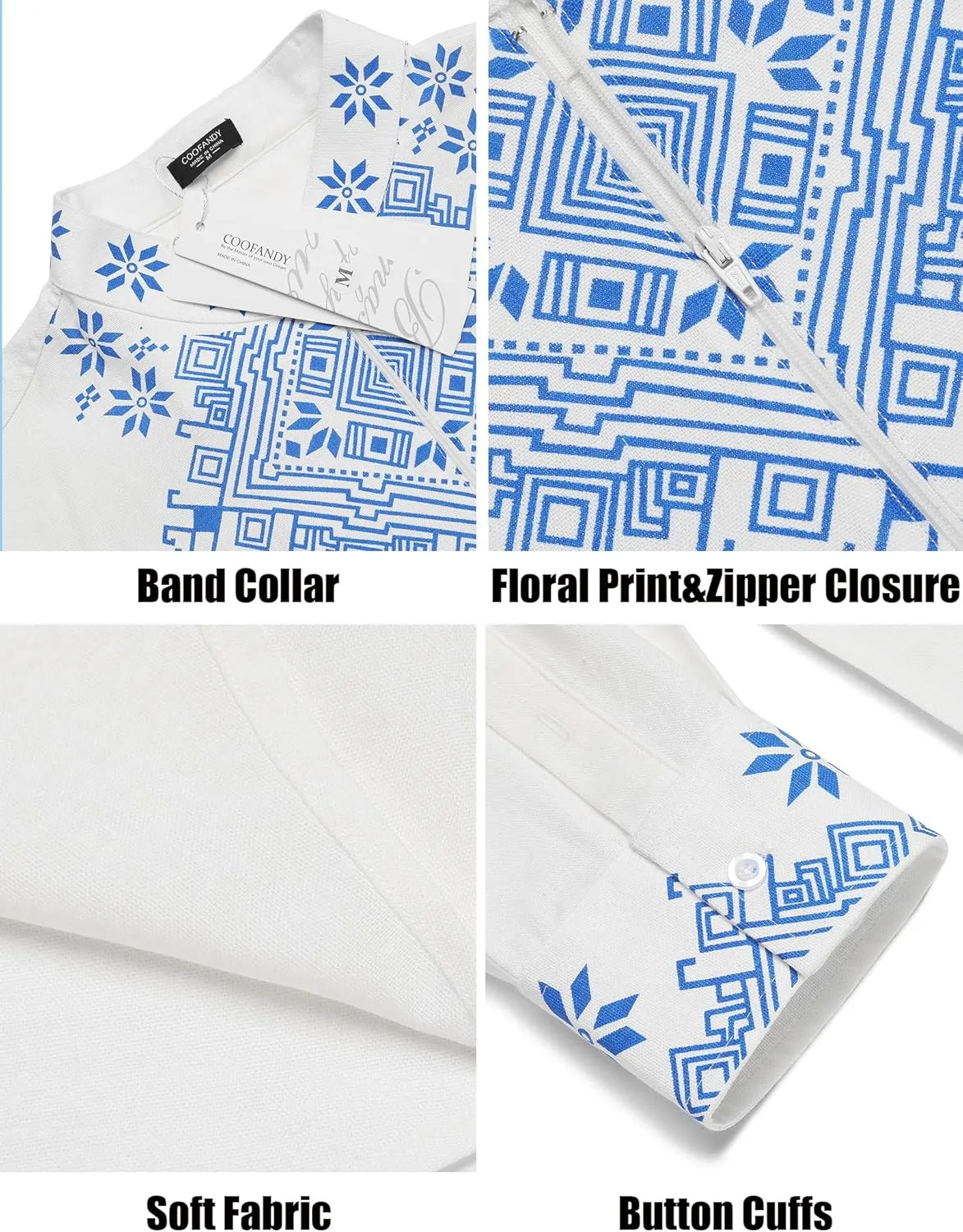COOFANDY Men's Henley Shirt Vyshyvanka Long Sleeve African Print Shirts Casual Zip Up Cotton Linen Beach Hippie Shirt