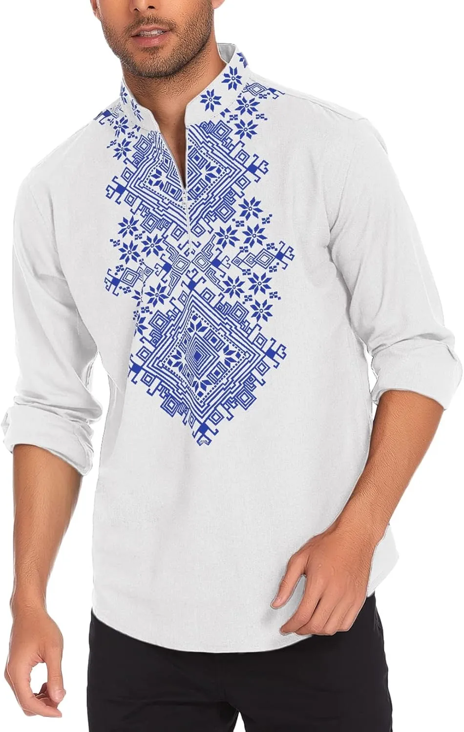 COOFANDY Men's Henley Shirt Vyshyvanka Long Sleeve African Print Shirts Casual Zip Up Cotton Linen Beach Hippie Shirt