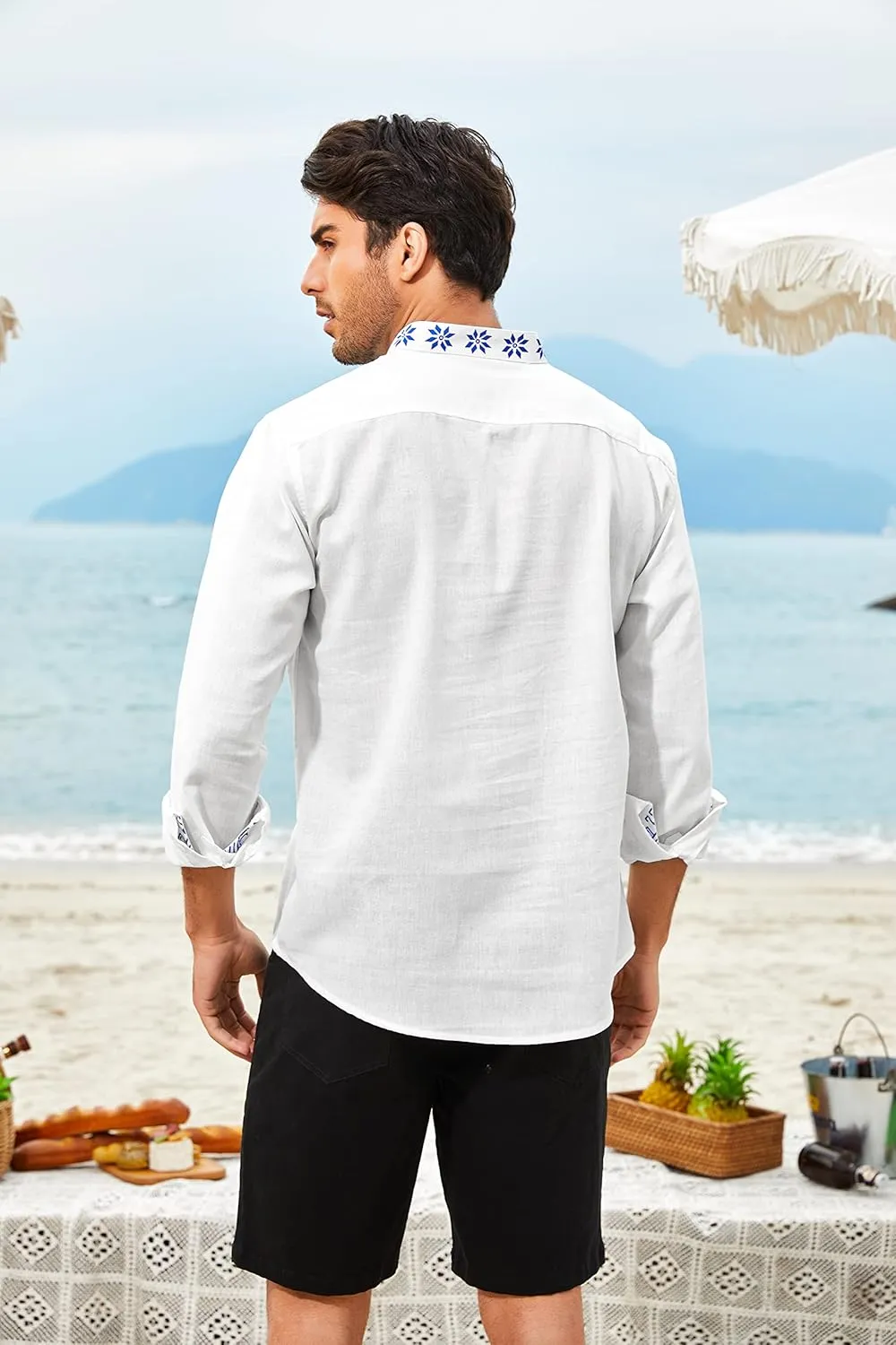 COOFANDY Men's Henley Shirt Vyshyvanka Long Sleeve African Print Shirts Casual Zip Up Cotton Linen Beach Hippie Shirt