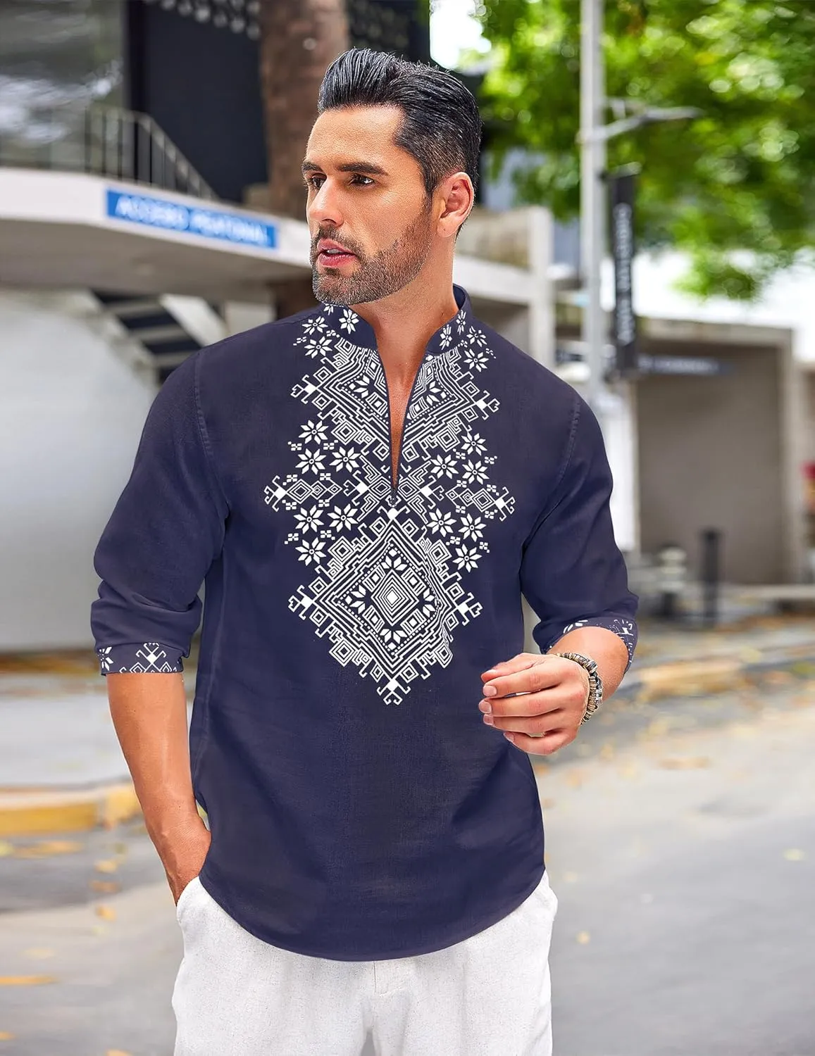 COOFANDY Men's Henley Shirt Vyshyvanka Long Sleeve African Print Shirts Casual Zip Up Cotton Linen Beach Hippie Shirt
