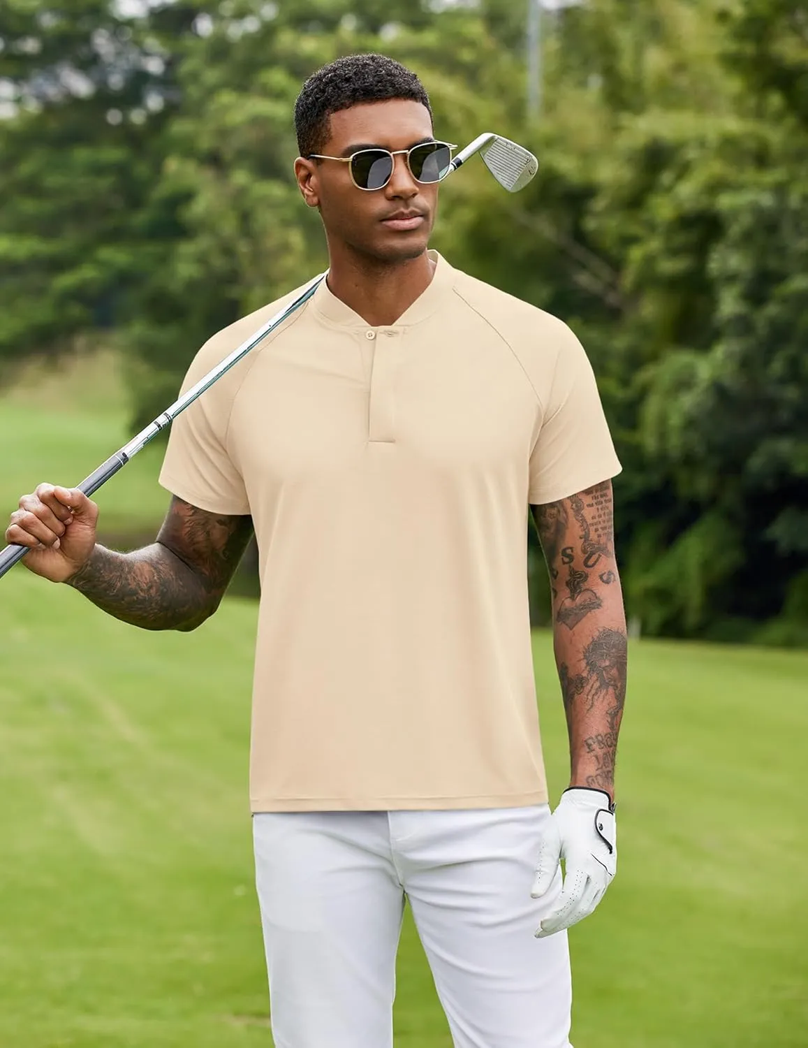 COOFANDY Men's Quick Dry Golf Polo Shirts Short Sleeve Henley Shirt Active Athletic Collarless Sports T Shirts