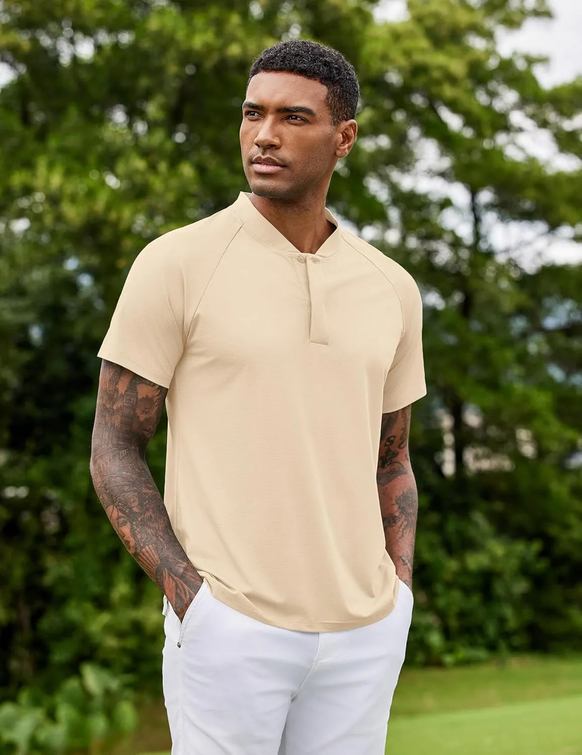 COOFANDY Men's Quick Dry Golf Polo Shirts Short Sleeve Henley Shirt Active Athletic Collarless Sports T Shirts