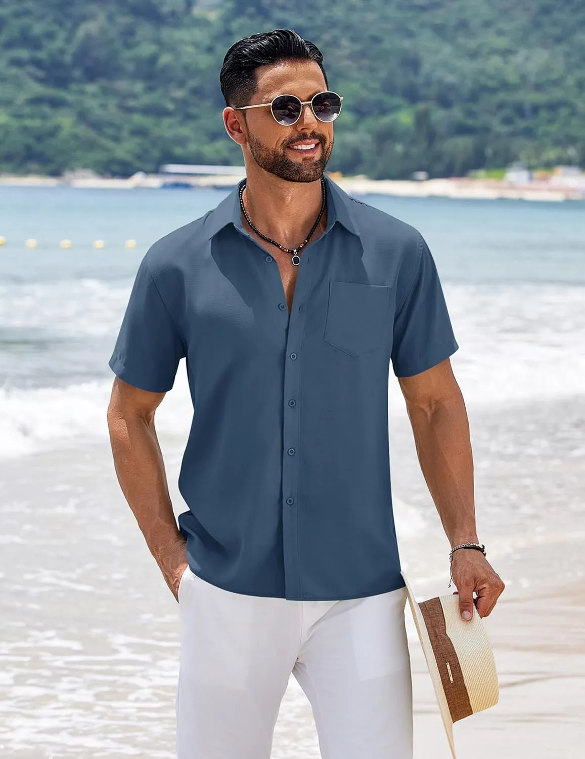COOFANDY Men's Short Sleeve Button Down Shirts Summer Casual Textured Shirt Vacation Beach Wedding Shirts with Pocket