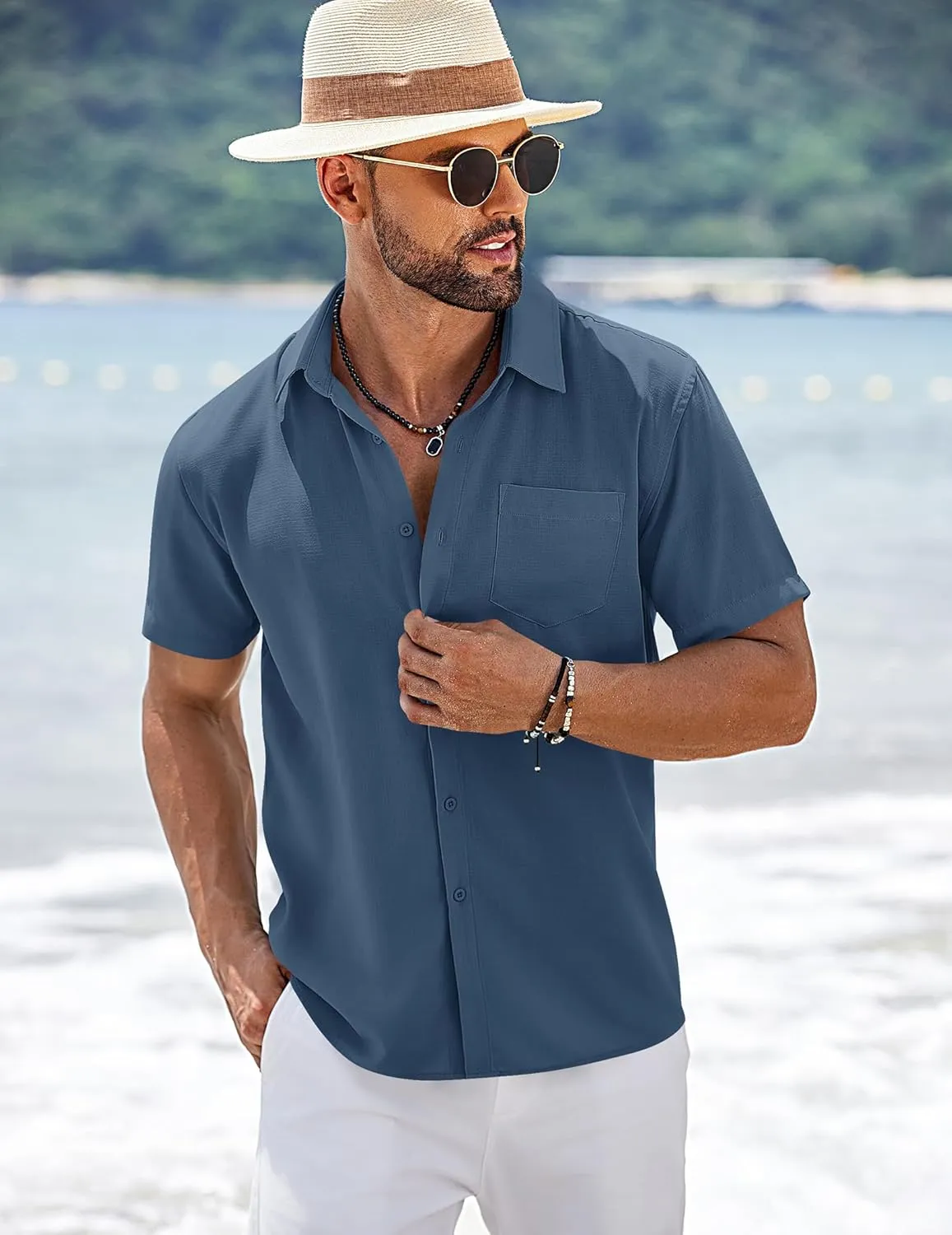 COOFANDY Men's Short Sleeve Button Down Shirts Summer Casual Textured Shirt Vacation Beach Wedding Shirts with Pocket