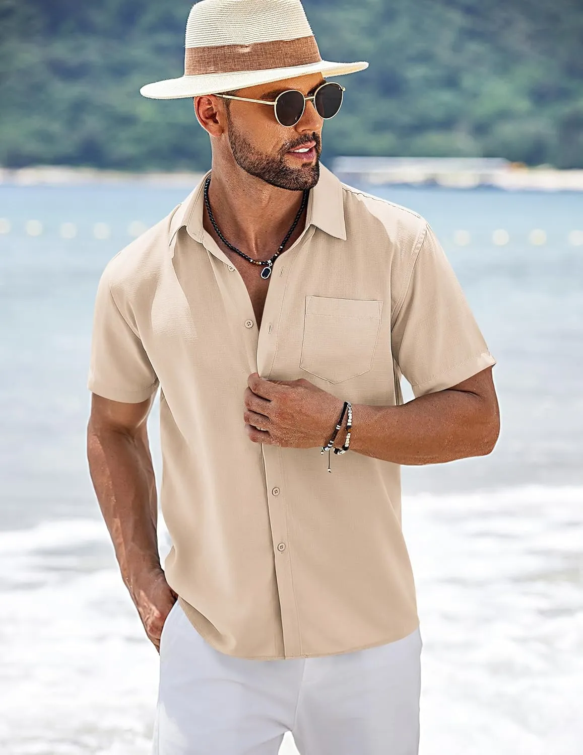 COOFANDY Men's Short Sleeve Button Down Shirts Summer Casual Textured Shirt Vacation Beach Wedding Shirts with Pocket