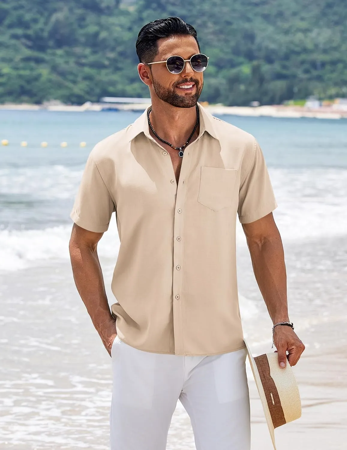 COOFANDY Men's Short Sleeve Button Down Shirts Summer Casual Textured Shirt Vacation Beach Wedding Shirts with Pocket