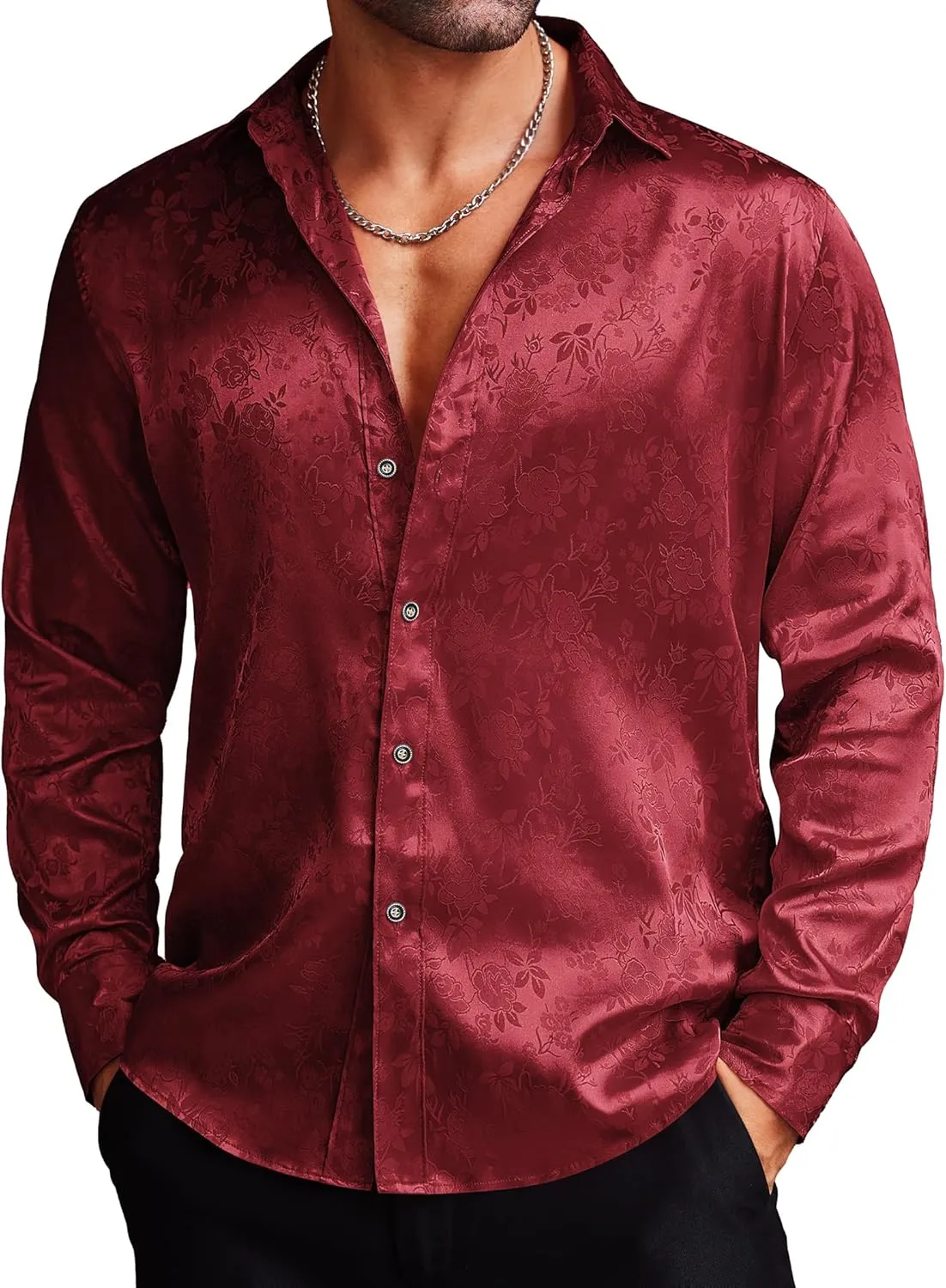 COOFANDY Men's Silk Satin Dress Shirts Jacquard Long Sleeve Floral Button Up Shirts Party Prom Wedding Shirt