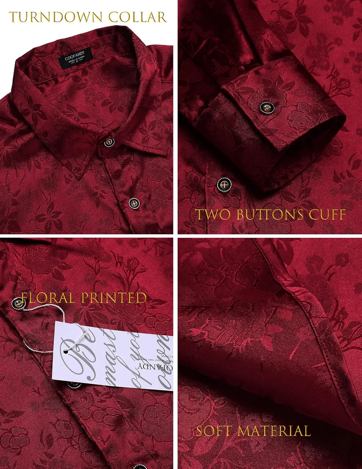 COOFANDY Men's Silk Satin Dress Shirts Jacquard Long Sleeve Floral Button Up Shirts Party Prom Wedding Shirt